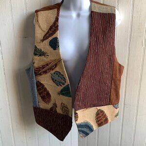 Vintage Brown Color Block Feather Embroidered Vest Art To Wear Bow Back Pockets